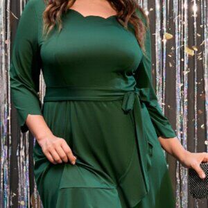 Dark Green Scallop Trim Belted A-line Dress 2XL